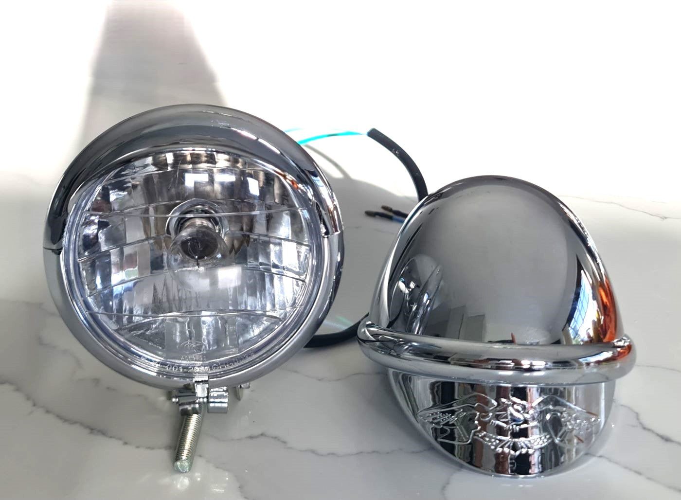 Pair of Chrome 4" Spotlights Side Light+Built-in Eagle Visor-12V- 21W Custom Motorbikes