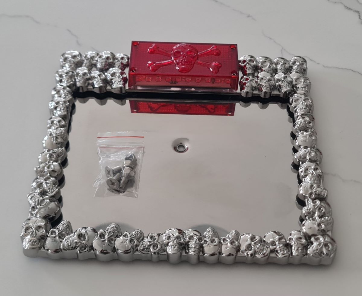Skulls License Plate Trim-Frame and Taillight, Motorcycle-Custom Bikes, Cruisers, Choppers, Trikes