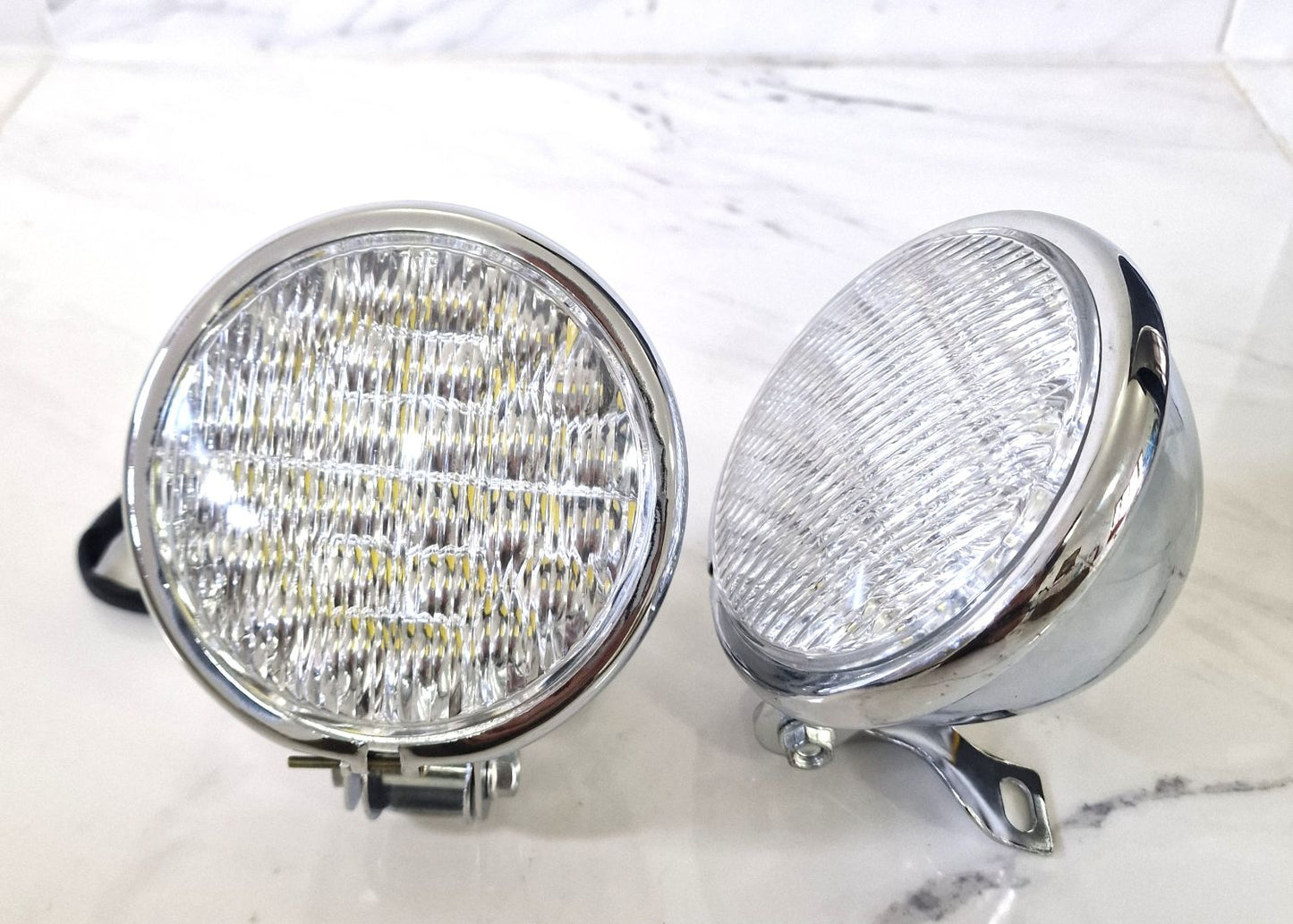 Pair of Powerful LED Spotlights 4 3/4" Motorcycle Solid Steel Chrome Sidelights 12V-35W 2 Pcs