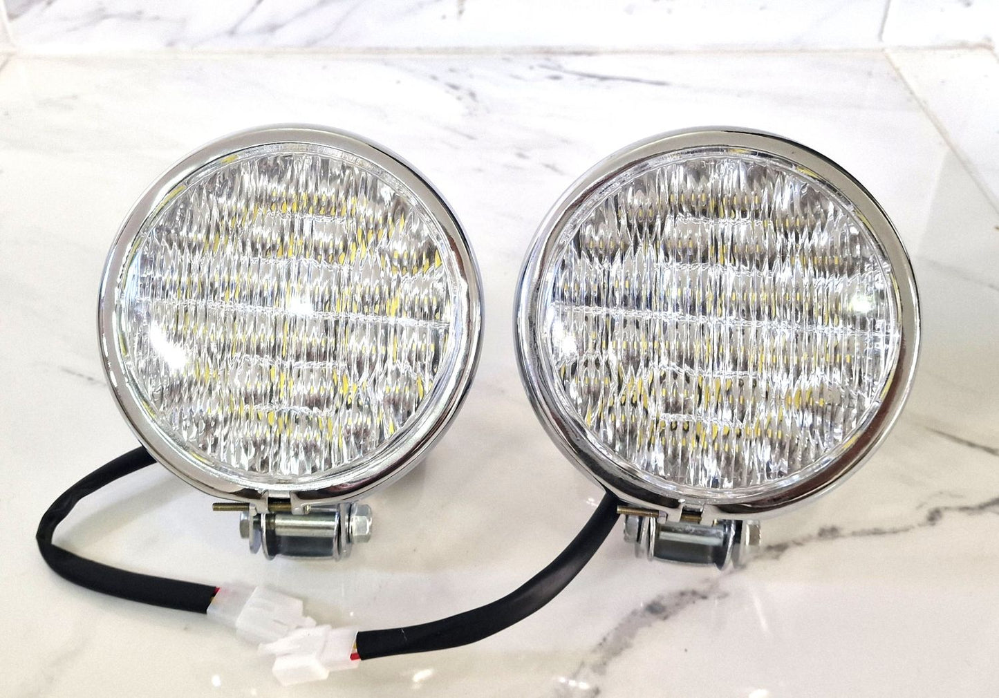 Pair of Powerful LED Spotlights 4 3/4" Motorcycle Solid Steel Chrome Sidelights 12V-35W 2 Pcs