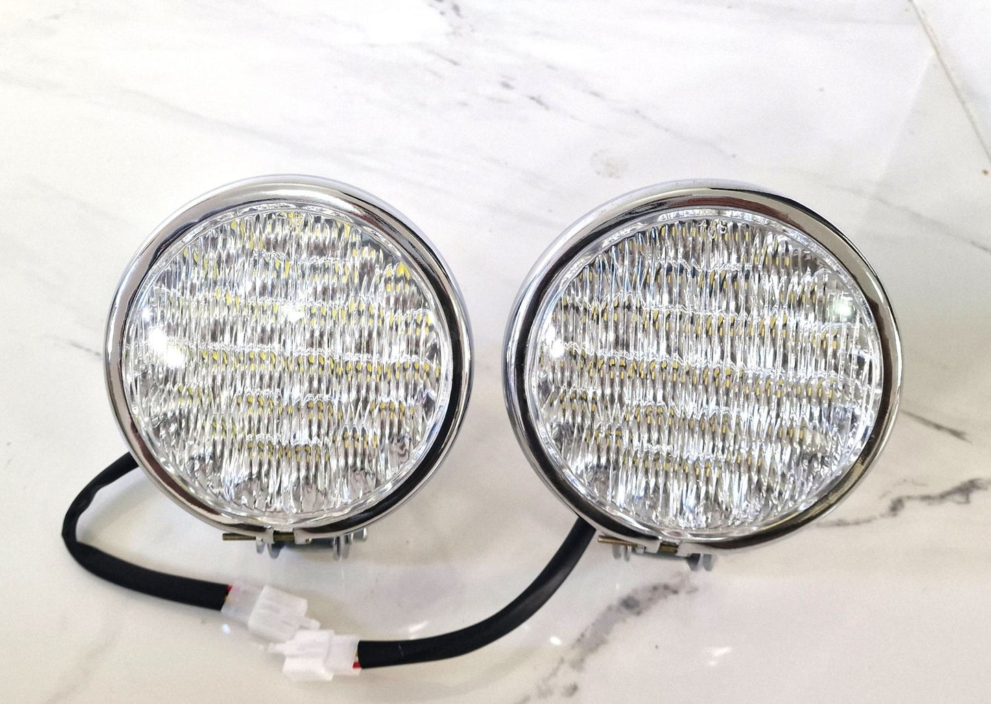 Pair of Powerful LED Spotlights 4 3/4" Motorcycle Solid Steel Chrome Sidelights 12V-35W 2 Pcs