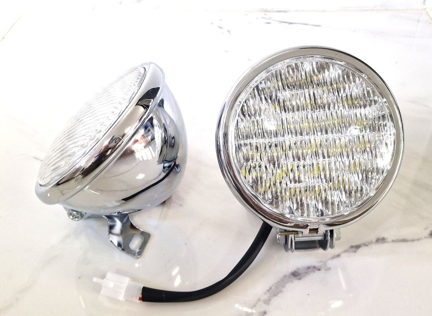 Pair of Powerful LED Spotlights 4 3/4" Motorcycle Solid Steel Chrome Sidelights 12V-35W 2 Pcs
