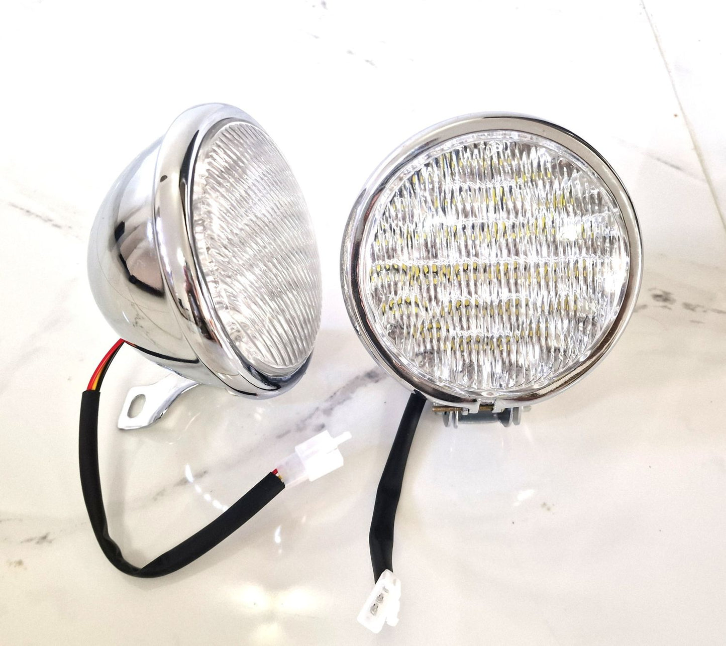 Pair of Powerful LED Spotlights 4 3/4" Motorcycle Solid Steel Chrome Sidelights 12V-35W 2 Pcs