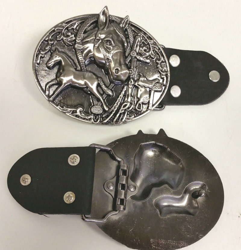 Genuine Leather Belt with Chromed Cowboy Horse and Horse Head Rodeo Western Buckle