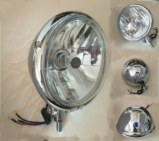 Chrome Bates 6" Motorcycles Headlight H4-12V-60/55W Bottom Mount-Chrome 5 1/2" Lens E-Marked