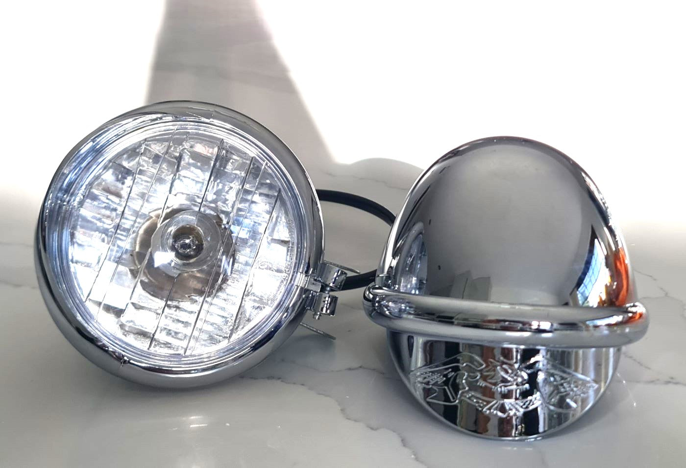 Pair of Chrome 4" Spotlights Side Light+Built-in Eagle Visor-12V- 21W Custom Motorbikes