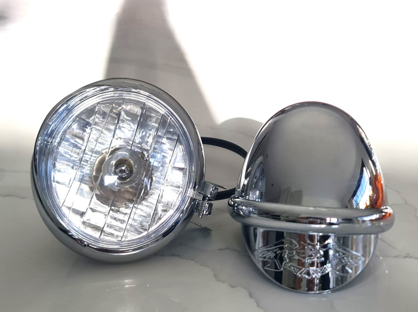 Pair of Chrome 4" Spotlights Side Light+Built-in Eagle Visor-12V- 21W Custom Motorbikes