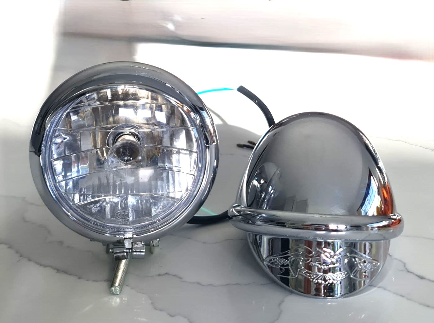 Pair of Chrome 4" Spotlights Side Light+Built-in Eagle Visor-12V- 21W Custom Motorbikes