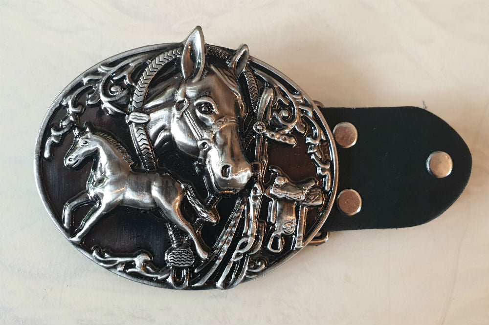 Genuine Leather Belt with Chromed Cowboy Horse and Horse Head Rodeo Western Buckle