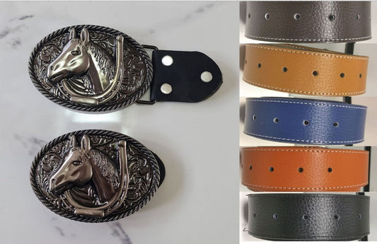 Horse Head and Horse Shoe Western Belt and Buckle Cowboy Rodeo Horse Riding Left