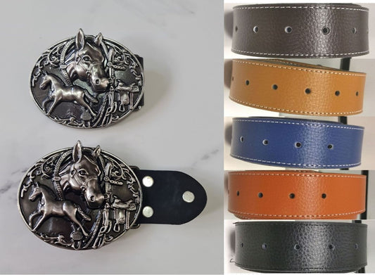 Genuine Leather Belt with Chromed Cowboy Horse and Horse Head Rodeo Western Buckle