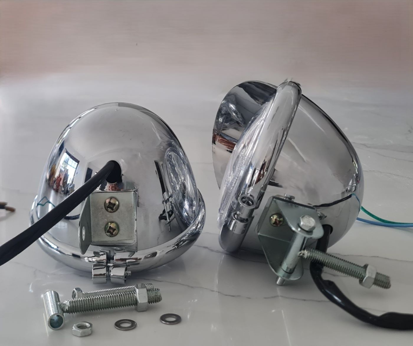 Pair of Chrome 4" Spotlights Side Light+Built-in Plain Visor-12V- 21W Custom Motorbikes (Copy)