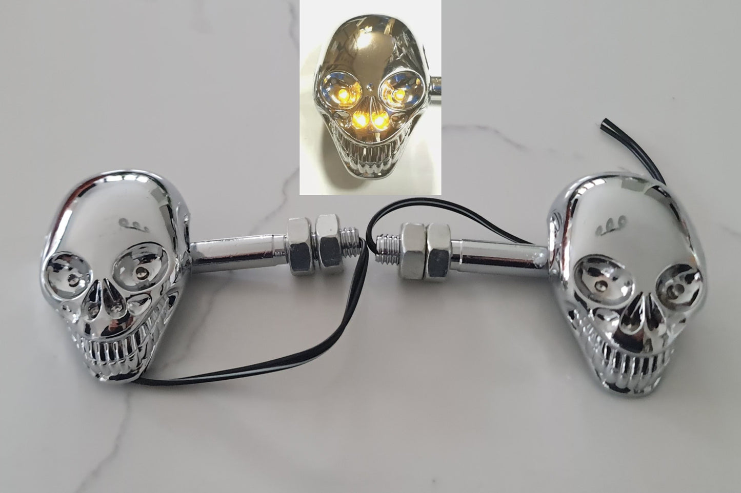 Universal Chrome 2Pcs Skull Head Motorcycle LED Amber Turn Signal Lights, Blinkers, Marker, Indicator Lights